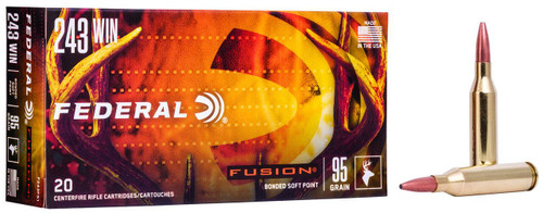 Federal Fusion Hyper Velocity Centerfire Ammunition, 243 Winchester, Bonded Soft Point, 95 Grain - 20 Cartridge Box ( 20 / 1 )