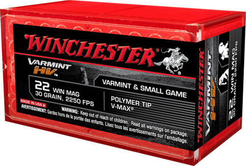 Winchester Varmint HV V-Max Hyper Velocity Rimfire Ammunition, 22 WMR, Jacketed Hollow Point, 30 Grain - 50 Cartridge Box ( 50 / 1 )