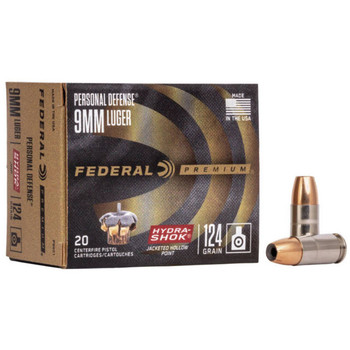 Federal Premium Personal Defense Standard Velocity Centerfire Ammunition, 9mm Luger, Hydra-Shok Jacketed Hollow Point, 124 Grain - 20 Cartridge Box ( 20 / 1 )