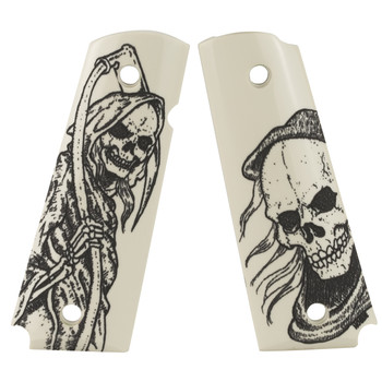 Hogue 45026 Scrimshaw Grip  AmbiCut Ivory with Grim Reaper Polymer for 1911 Government UPC: 743108450260