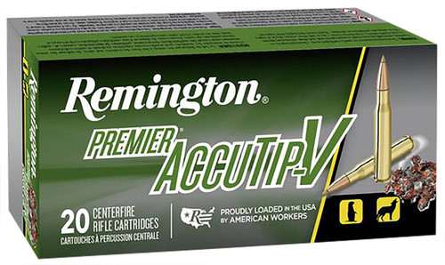Remington Premier AccuTip-V Hyper Velocity Centerfire Ammunition, 22-250 Remington, AccuTip-V, 50 Grain - 20 Cartridge Box ( 20 / 1 )