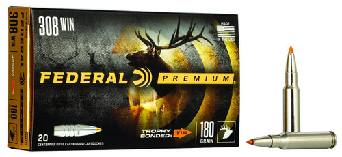 Federal Trophy Bonded Hyper Velocity Centerfire Ammunition, 308 Winchester, Trophy Bonded Tip, 180 Grain - 20 Cartridge Box ( 20 / 1 )