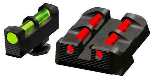 HiViz GLT178 Target Sight Set Green Fiber Optic FrontRed Fiber Optic RearBlack Frame Compatible w All Glock 9mm40 SW357 Sig Except 424343X48 Front PostRear Dovetail Mount UPC: 613485589375