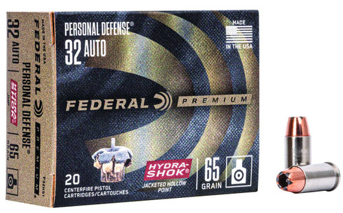 Federal Premium Personal Defense Subsonic Centerfire Ammunition, 32 ACP, Hydra-Shok Jacketed Hollow Point, 65 Grain - 20 Cartridge Box ( 20 / 1 )