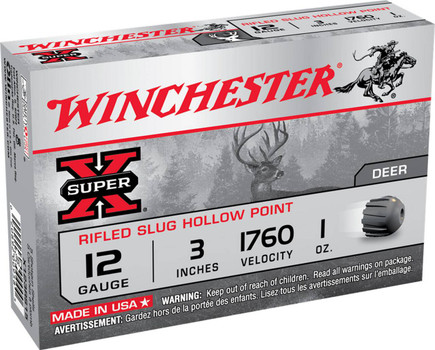 Winchester Super-X 12 Gauge Slug Ammunition, 3 Inch, 1760 FPS, 1 Ounce, Rifled Slug Hollow Point - 5 Cartridge Box ( 5 / 1 )
