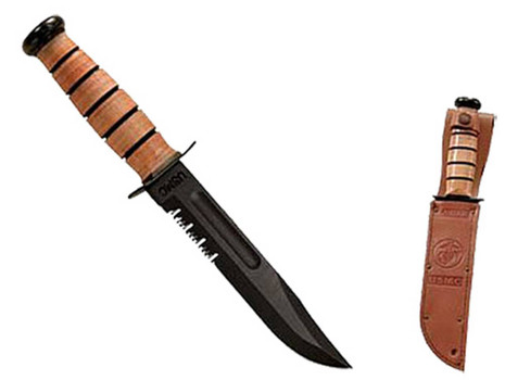 KaBar 1218 USMC FightUtility 7 Fixed Clip Point Part Serrated Black 1095 CroVan Blade. Brown Leather Handle. Includes Sheath UPC: 617717212185