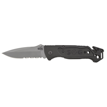 S.O.G SOGFF24CP Escape  3.40 Folding Clip Point Part Serrated Bead Blasted 9Cr18MoV SS Blade Black Anodized Aluminum Handle Includes Belt Clip UPC: 729857996945