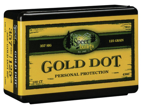 Speer 4360 Gold Dot Personal Protection 357 Sig .357 125 gr Hollow Point 100 Per Box 5 Case UPC: 076683043603 Speer 4360 Gold Dot Personal Protection 357 Sig .357 125 gr Hollow Point 100 Per Box 5 Case UPC: 076683043603