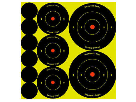 Birchwood Casey 34608 Shoot-N-C Reactive Target Variety Pack Self-Adhesive Paper Black/Yellow Bullseye 132 Pack