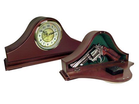 Peace Keeper MGC Mantle Gun Clock Front Panel Entry Mahogany Stain Wood Holds 1 Handgun 14.62" L x 7.37" H x 3.75" D