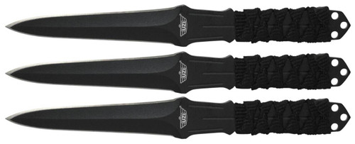 Uzi Accessories UZKTRW003 Throwing Knives  3 Fixed Straight Back Plain Black Stainless Steel Blade Black Nylon Cord Wrapped Handle UPC: 024718926544