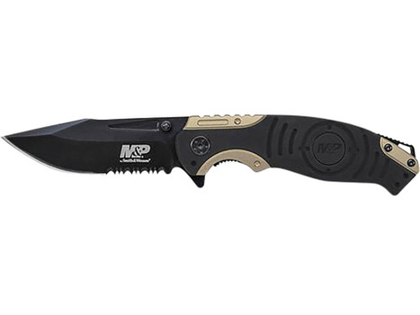 Smith & Wesson Knives SWP13BSCP M&P 3.50" Folding Drop Point Part Serrated Stonewashed 8Cr13MoV SS Blade/Black & Tan Aluminum Handle Includes Pocket Clip