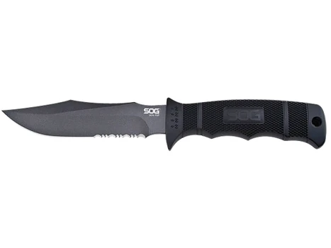 S.O.G SOGM37NCP Seal Pup 4.75" Fixed Clip Point Part Serrated Powder Coated AUS-8A SS Blade Black w/Raised Diamond Pattern GRN Handle Includes Lanyard/Sheath