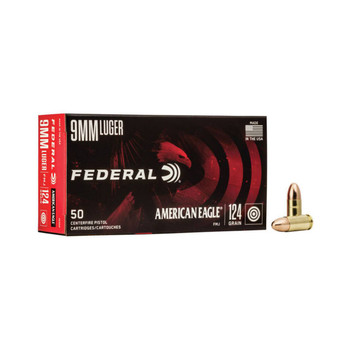 Federal American Eagle Standard Velocity Centerfire Ammunition, 9mm Luger, Full Metal Jacket, 124 Grain - 50 Cartridge Box ( 50 / 1 )