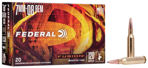 Federal Fusion Hyper Velocity Centerfire Ammunition, 7mm-08 Remington, Bonded Soft Point, 120 Grain - 20 Cartridge Box ( 20 / 1 )