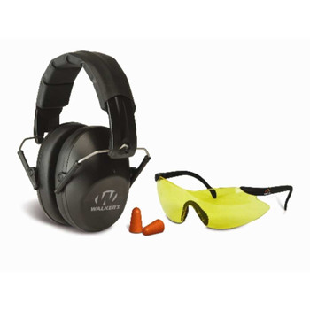 Walkers GWPFPM1GFP Pro Low Profile Passive Muff Combo Kit Includes Foam Ear Plugs Low Profile 31 db Over the Head Passive Muff Shooting Glasses wYellow Lens UPC: 888151000328