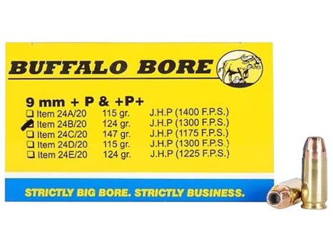 Buffalo Bore Ammunition 24B20 Personal Defense Strictly Business 9mmLuger +P+ 124gr Jacket Hollow Point 20 Per Box/12 Case