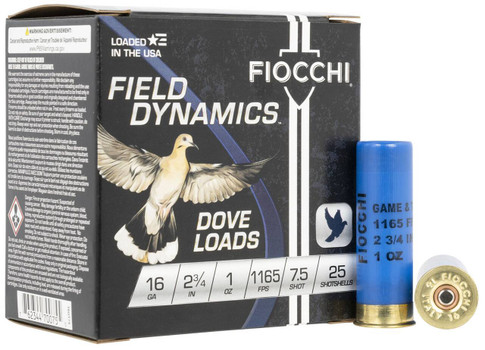 Fiocchi Field Dynamics Dove Load 16 Gauge Shotshell Ammunition, 2 3/4 Inch, 1165 FPS, 1 Ounce, #7 1/2 Shot - 25 Cartridge Box ( 25 / 1 )