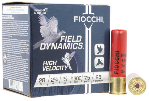 Fiocchi Field Dynamics High Velocity 28 Gauge Shotshell Ammunition, 2 3/4 Inch, 1300 FPS, 2/3 Ounce, #7 1/2 Shot - 25 Cartridge Box ( 25 / 1 )