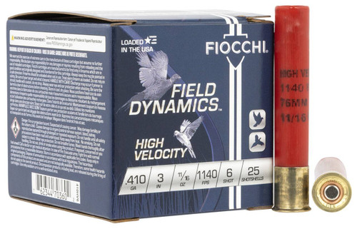 Fiocchi Field Dynamics High Velocity 410 Bore Shotshell Ammunition, 3 Inch, 1140 FPS, 11/16 Ounce, #6 Shot - 25 Cartridge Box ( 25 / 1 )