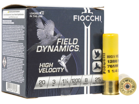 Fiocchi 203HV8 Field Dynamics High Velocity 20Gauge 3" 1 1/4oz 8Shot 25 Per Box/10 Case