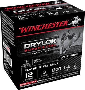 Winchester Drylock Super Steel 12 Gauge Shotshell Ammunition, 3 Inch, 1300 FPS, 1 3/8 Ounce, #3 Shot - 25 Cartridge Box ( 25 / 1 )