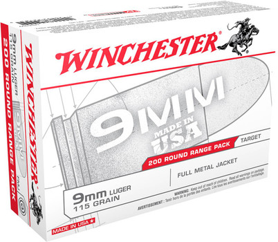 Winchester USA White Box Standard Velocity Centerfire Ammunition, 9mm Luger, Full Metal Jacket, 115 Grain - 200 Cartridge Box ( 200 / 1 )
