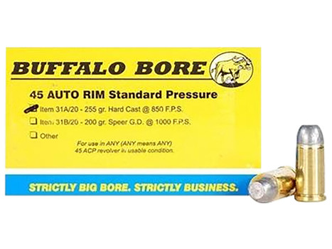 Buffalo Bore Ammunition 31A20 Standard Pressure Strictly Business 45Auto Rim 255gr Hard Cast Flat Nose 20 Per Box/12 Case