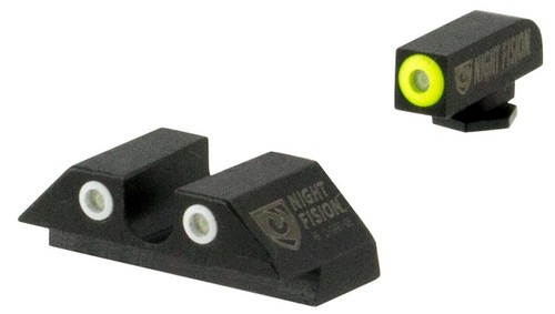 Night Fision GLK003007YGW Tritium Sight Set  UNotch Rear Yellow Ring FrontWhite Ring RearBlack Frame Compatible wGlock 424343X Front PostRear Dovetail Mount UPC: 856386007368