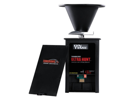 On Time 43005 Tomahawk Ultra Hunt Feeder Black Waterproof High-Impact Composite, Heavy Duty Motor, Dawn-Dusk Mode Operation, 4 Feed Times with 1-20 Second Duration, Universal Mount