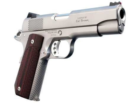 Ed Brown KC18SS 1911 Kobra Carry Serrated Frame 45 ACP 7+1 4.25" Stainless Recessed Crown Barrel, Matte Stainless Serrated Steel Slide & Frame, Laminate Wood Grip, Right Hand