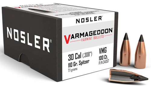 Nosler 34057 Varmageddon  30 Cal .308 110 gr Flat Base Tipped 100 Per Box UPC: 054041340571 Nosler 34057 Varmageddon  30 Cal .308 110 gr Flat Base Tipped 100 Per Box UPC: 054041340571