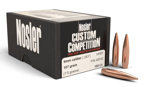 Nosler 49742 Custom Competition 6mm .243 107 gr Hollow Point Boat Tail 100 Per Box UPC: 054041497428