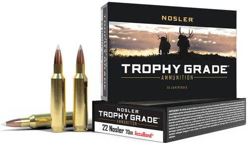 Nosler Trophy Grade Hyper Velocity Centerfire Ammunition, 22 Nosler, Nosler AccuBond, 70 Grain - 20 Cartridge Box ( 20 / 1 )