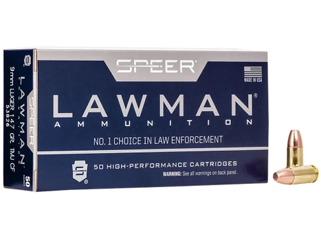 Speer 53826 Lawman Training Clean-Fire 9mmLuger 147gr Total Metal Jacket Flat Nose 50 Per Box/20 Case