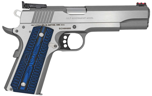 Colt Mfg O5073GCL Gold Cup Lite  38 Super 8+1 5" Stainless National Match Barrel, Stainless Steel Serrated Slide, Stainless Steel Frame w/Beavertail, Blue Scalloped G10 Grip, Ambidextrous             