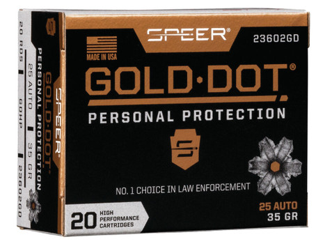Speer 23602GD Gold Dot Personal Protection 25ACP 35gr Hollow Point 20 Per Box/10 Case