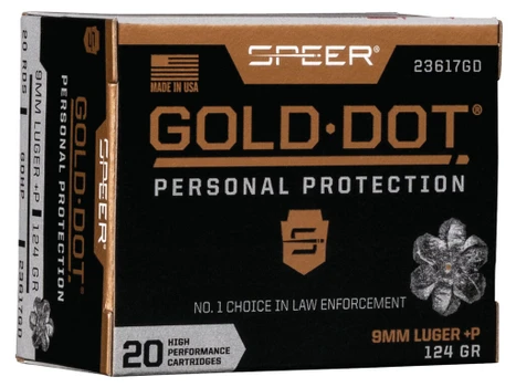 Speer 23617GD Gold Dot Personal Protection 9mmLuger+P 124gr Hollow Point 20 Per Box/10 Case