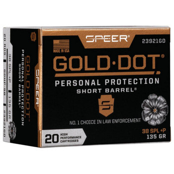 Speer Ammunition, Speer Gold Dot, Personal Protection, 38 Special, 135 Grain, Hollow Point, +P, 20 Round Box