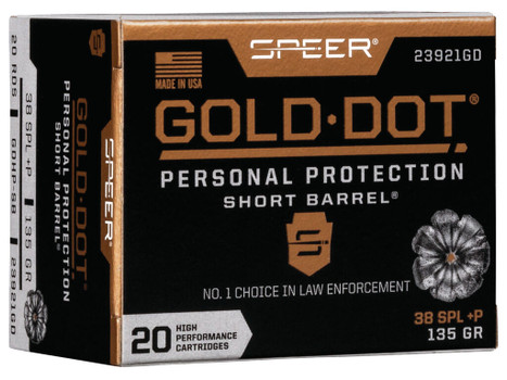 Speer 23921GD Gold Dot Personal Protection Short Barrel 38Special+P 135gr Hollow Point 20 Per Box/10 Case