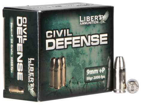 Liberty Ammunition Civil Defense Hyper Velocity Centerfire Ammunition, 9mm Luger +P, Lead Free Fragmenting Hollow Point, 50 Grain - 20 Cartridge Box ( 20 / 1 )