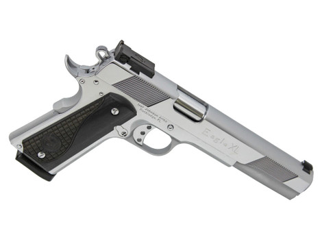 Iver Johnson Arms EAGLEXLC45 Eagle XL 45 ACP 8+1 6" Steel Barrel, Bright Chrome High Polished Long/Serrated Steel Slide & Frame w/Beavertail, Diamondwood Walnut w/Integrated Logo Grip, Right Hand