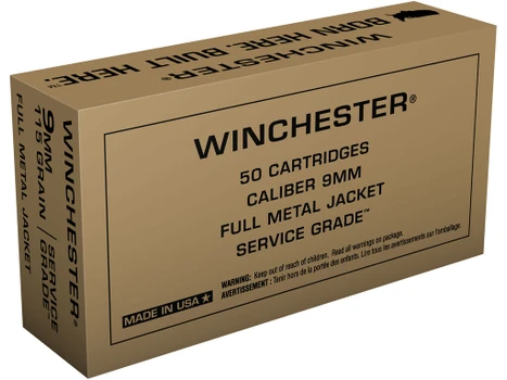 Winchester Ammo SG9W Service Grade 9mmLuger 115gr Full Metal Jacket 50 Per Box/10 Case