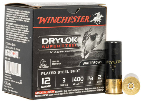 Winchester Drylock Super Steel 12 Gauge Shotshell Ammunition, 3 Inch, 1400 FPS, 1 1/4 Ounce, #2 Shot - 25 Cartridge Box ( 25 / 1 )