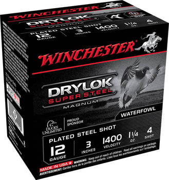 Winchester Drylock Super Steel 12 Gauge Shotshell Ammunition, 3 Inch, 1400 FPS, 1 1/4 Ounce, #4 Shot - 25 Cartridge Box ( 25 / 1 )