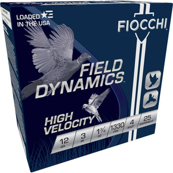 Fiocchi Field Dynamics High Velocity 12 Gauge Shotshell Ammunition, 3 Inch, 1330 FPS, 1 1/8 Ounce, #4 Shot - 25 Cartridge Box ( 25 / 1 )