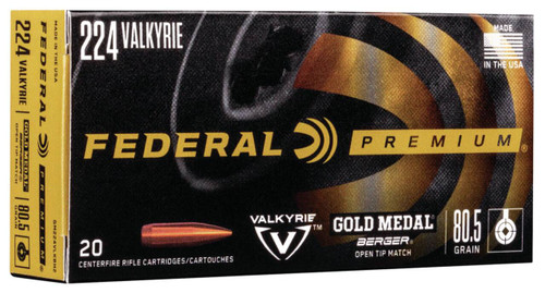 Federal Gold Medal Hyper Velocity Centerfire Ammunition, 224 Valkyrie, Berger Open Tip Match, 80.5 Grain - 20 Cartridge Box ( 20 / 1 )