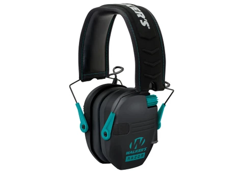 Walker's GWPRSEMTL Razor Slim Electronic Muff 23 dB Over the Head Black Polymer w/Teal Accents