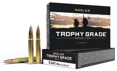 Nosler Trophy Grade Hyper Velocity Centerfire Ammunition, 9.3 x 62mm Mauser, Nosler AccuBond, 250 Grain - 20 Cartridge Box ( 20 / 1 )