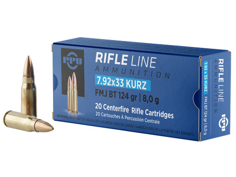 PPU PP7K Metric Rifle 7.9x33mmKurz 124gr Full Metal Jacket Boat Tail 20 Per Box/25 Case